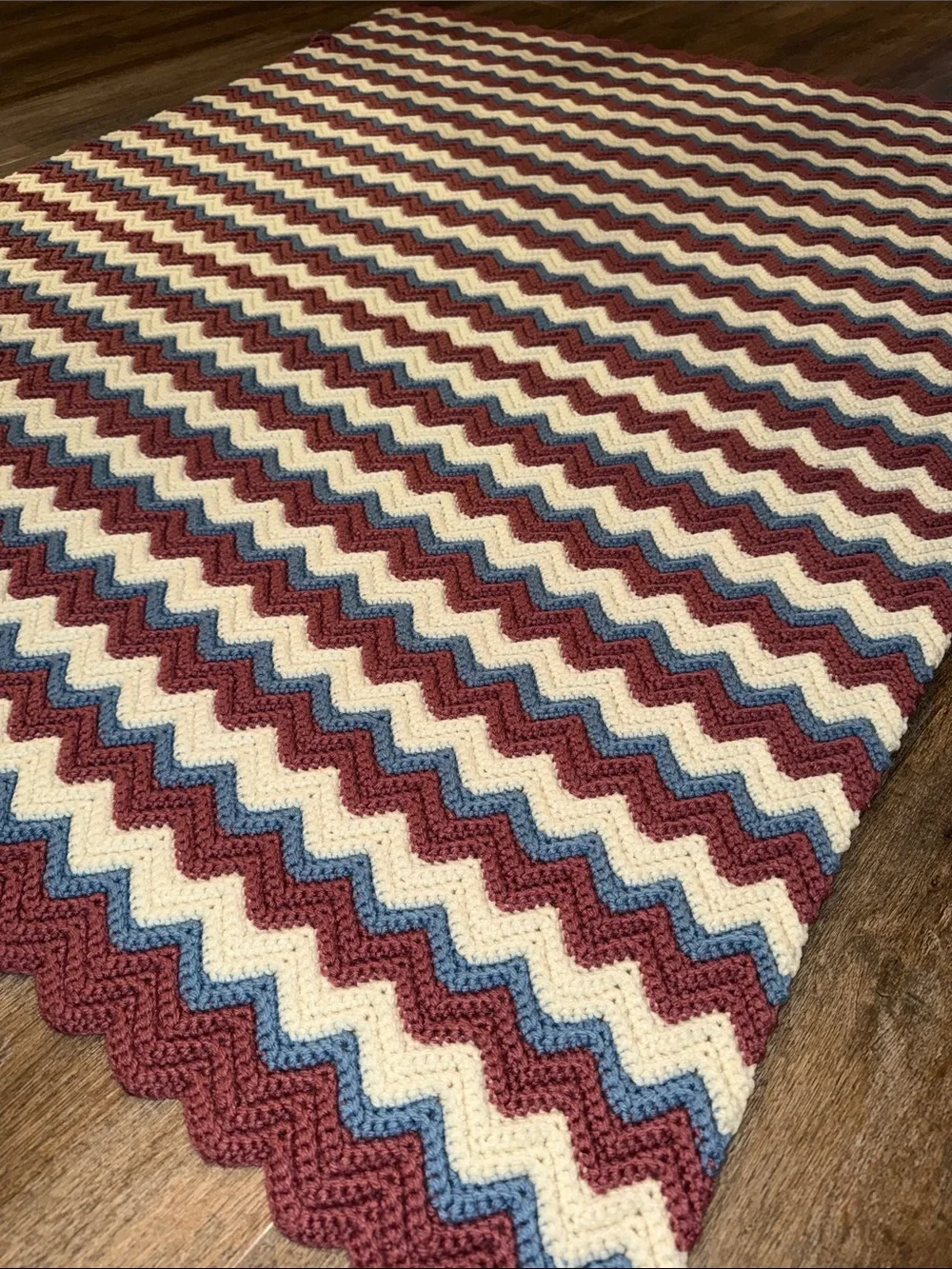Handmade Chevron Crochet Throw - Cream, Dusty Blue & Burgundy